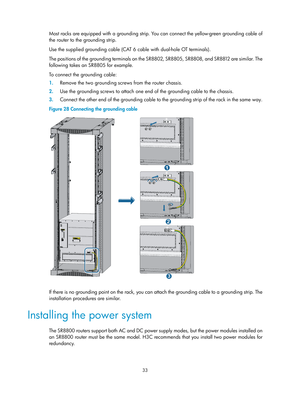 Installing the power system | H3C Technologies H3C SR8800 User Manual | Page 43 / 135