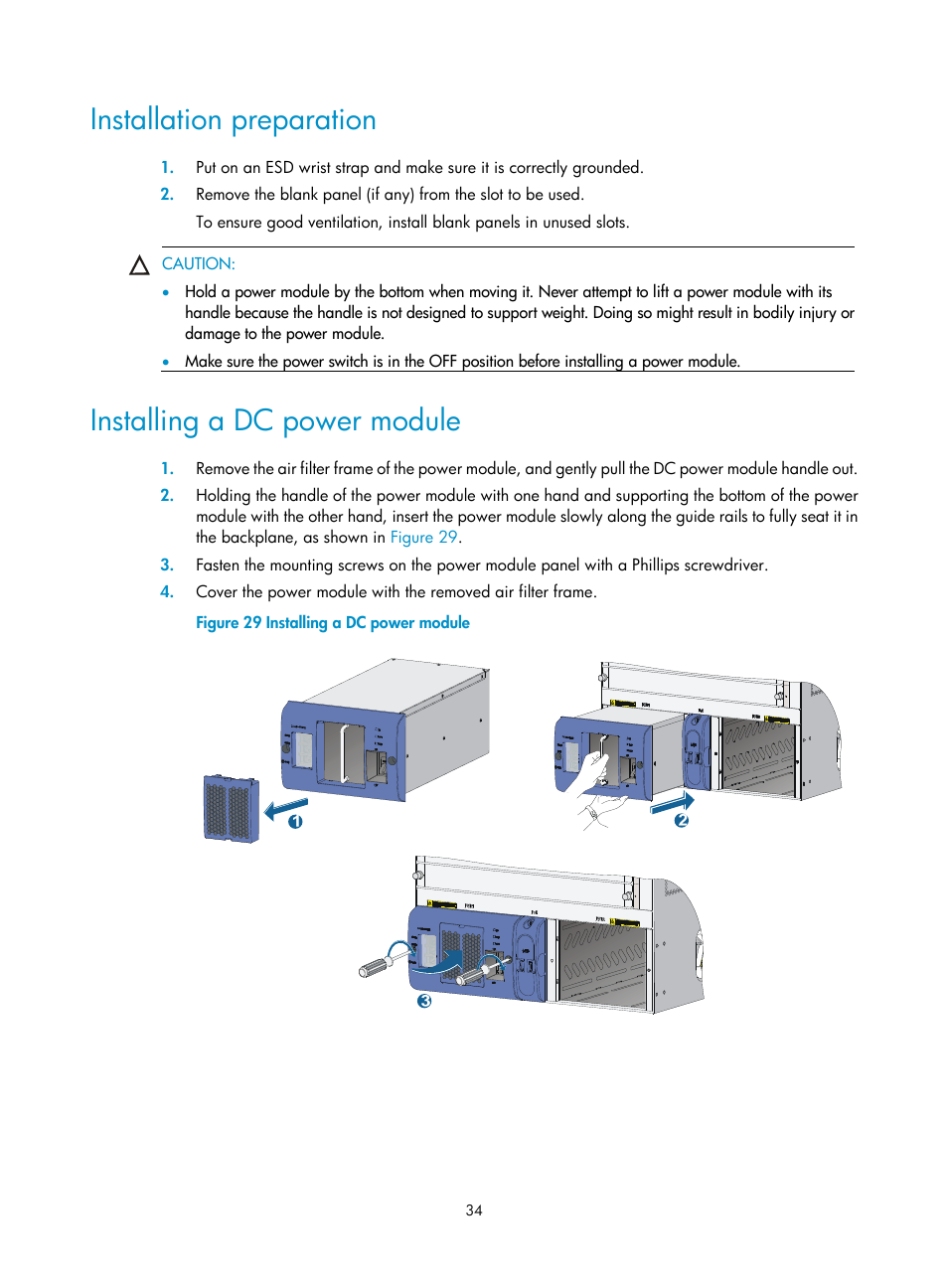 Installation preparation, Installing a dc power module | H3C Technologies H3C SR8800 User Manual | Page 44 / 135