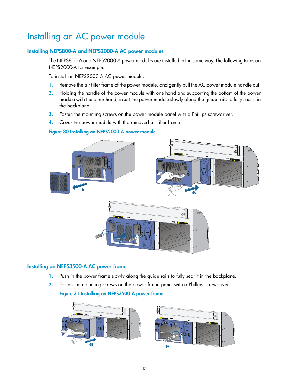 Installing an ac power module, Installing an neps3500-a ac power frame | H3C Technologies H3C SR8800 User Manual | Page 45 / 135
