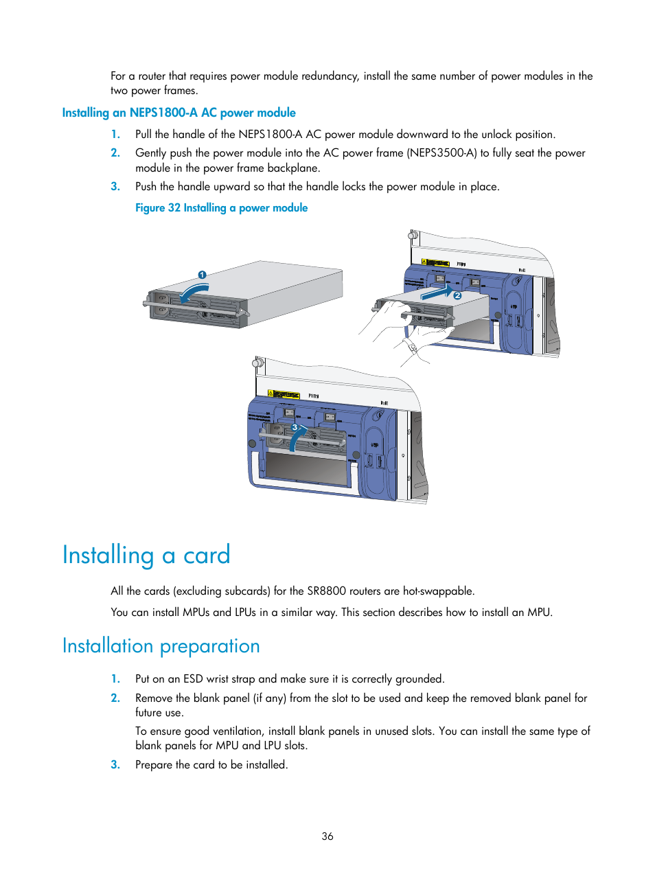 Installing an neps1800-a ac power module, Installing a card, Installation preparation | H3C Technologies H3C SR8800 User Manual | Page 46 / 135