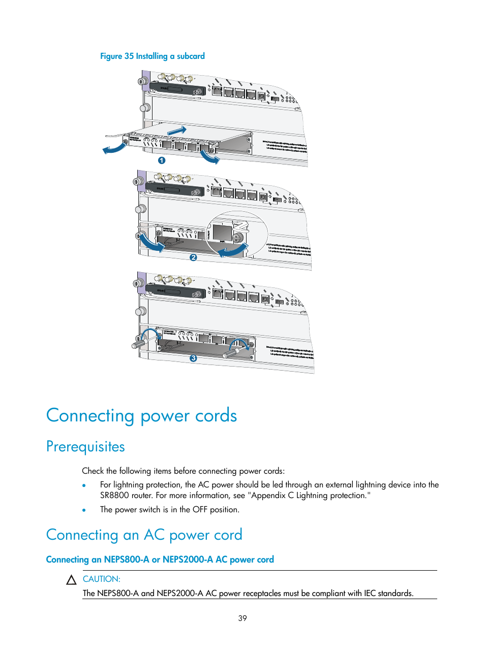 Connecting power cords, Prerequisites, Connecting an ac power cord | H3C Technologies H3C SR8800 User Manual | Page 49 / 135