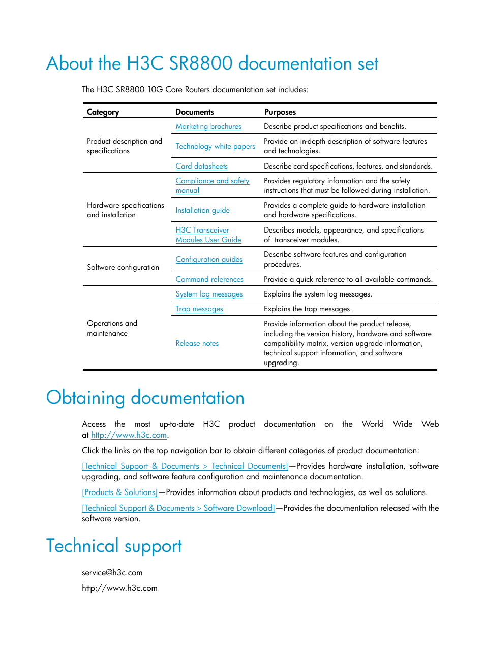 About the h3c sr8800 documentation set, Obtaining documentation, Technical support | H3C Technologies H3C SR8800 User Manual | Page 5 / 135