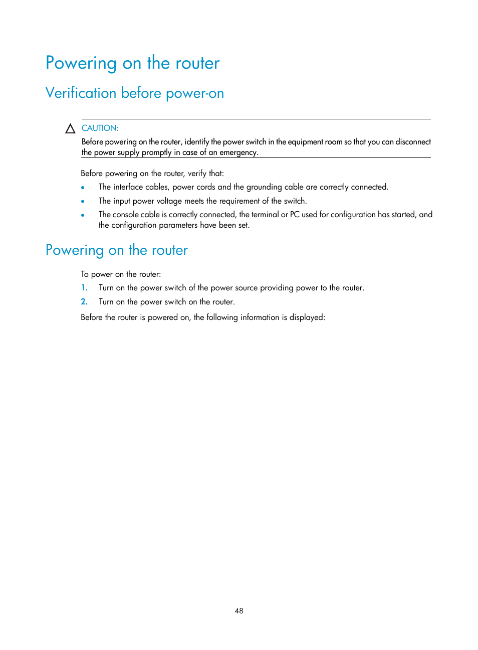 Powering on the router, Verification before power-on | H3C Technologies H3C SR8800 User Manual | Page 58 / 135