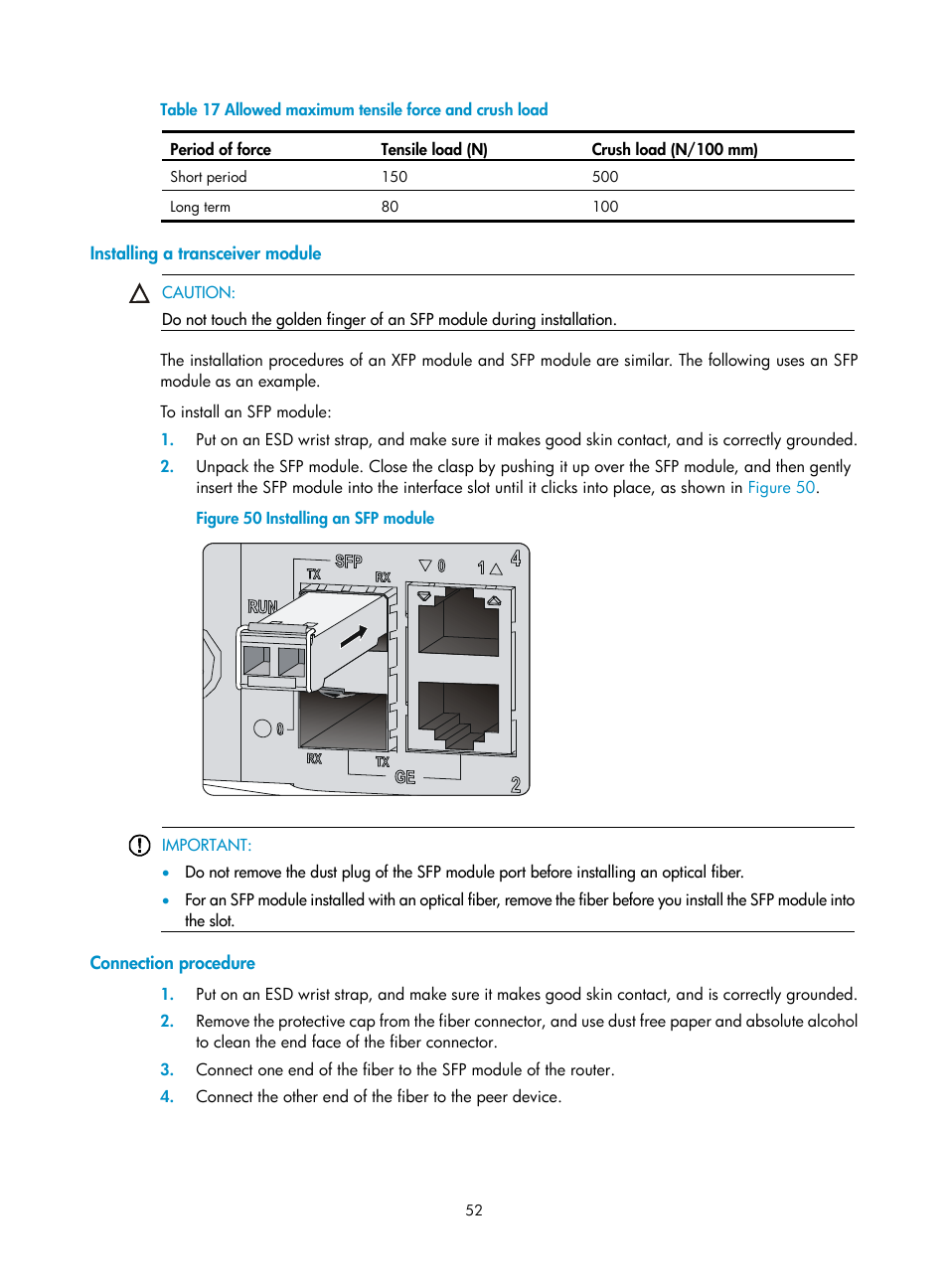 Installing a transceiver module, Connection procedure | H3C Technologies H3C SR8800 User Manual | Page 62 / 135