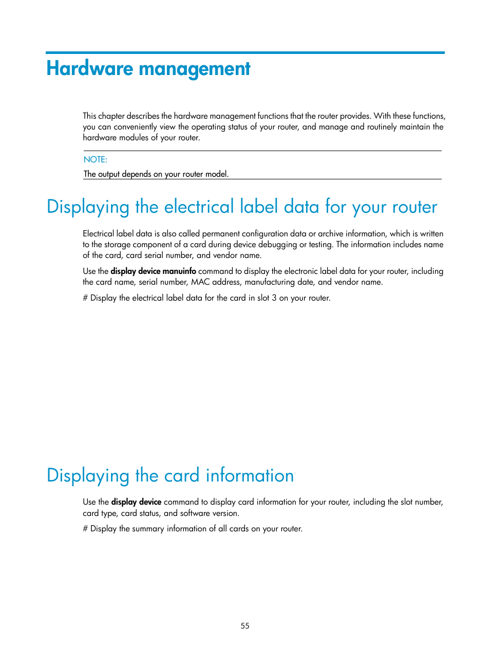 Hardware management, Displaying the card information | H3C Technologies H3C SR8800 User Manual | Page 65 / 135