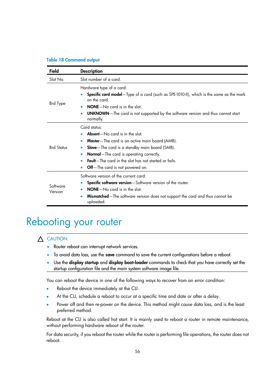Rebooting your router | H3C Technologies H3C SR8800 User Manual | Page 66 / 135