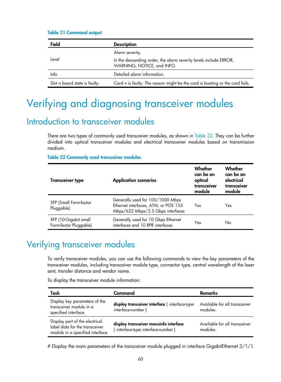 Verifying and diagnosing transceiver modules, Introduction to transceiver modules, Verifying transceiver modules | H3C Technologies H3C SR8800 User Manual | Page 70 / 135