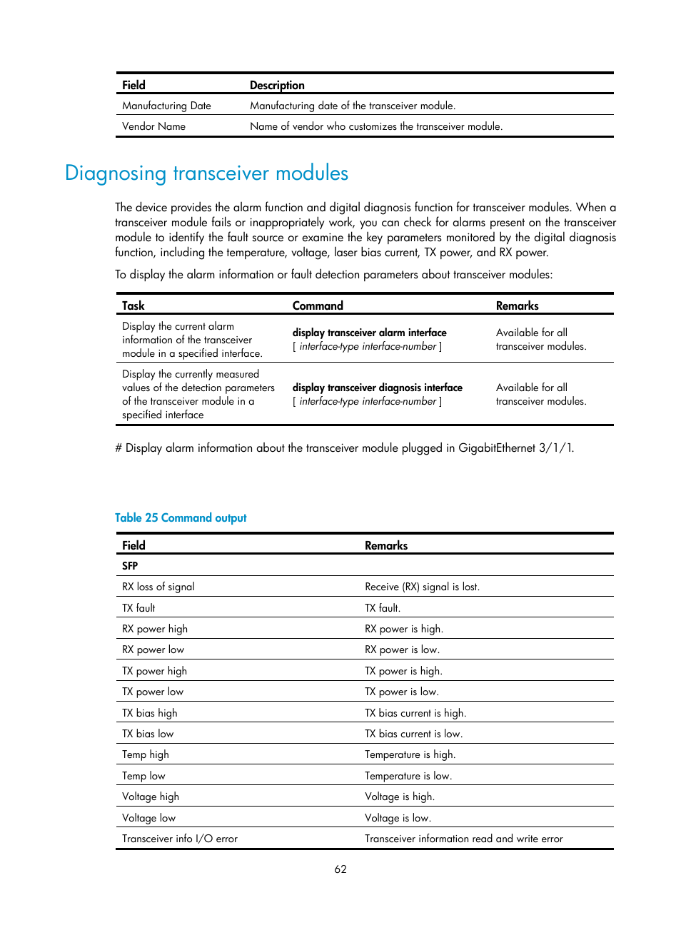 Diagnosing transceiver modules | H3C Technologies H3C SR8800 User Manual | Page 72 / 135
