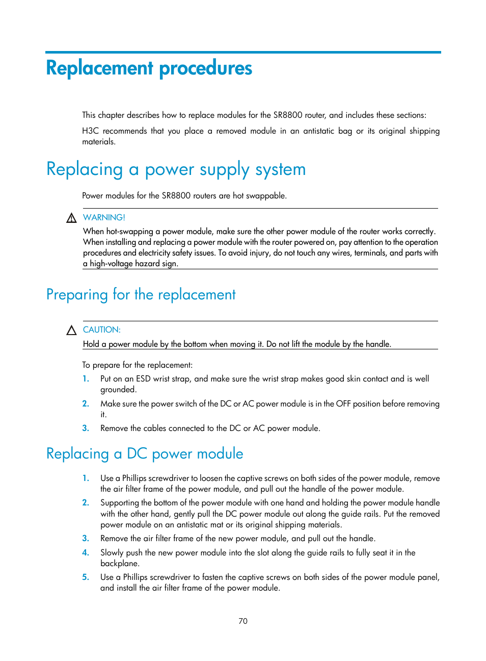Replacement procedures, Replacing a power supply system, Preparing for the replacement | Replacing a dc power module | H3C Technologies H3C SR8800 User Manual | Page 80 / 135