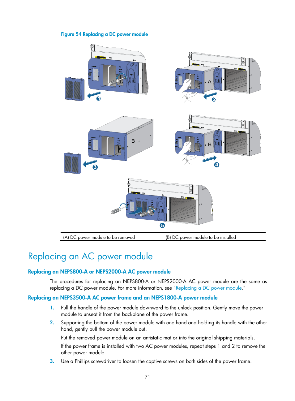 Replacing an ac power module | H3C Technologies H3C SR8800 User Manual | Page 81 / 135