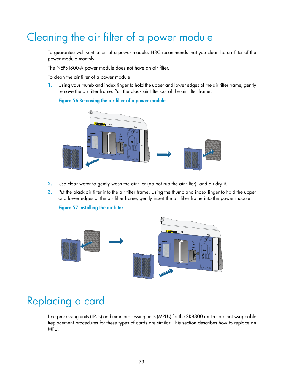 Cleaning the air filter of a power module, Replacing a card | H3C Technologies H3C SR8800 User Manual | Page 83 / 135