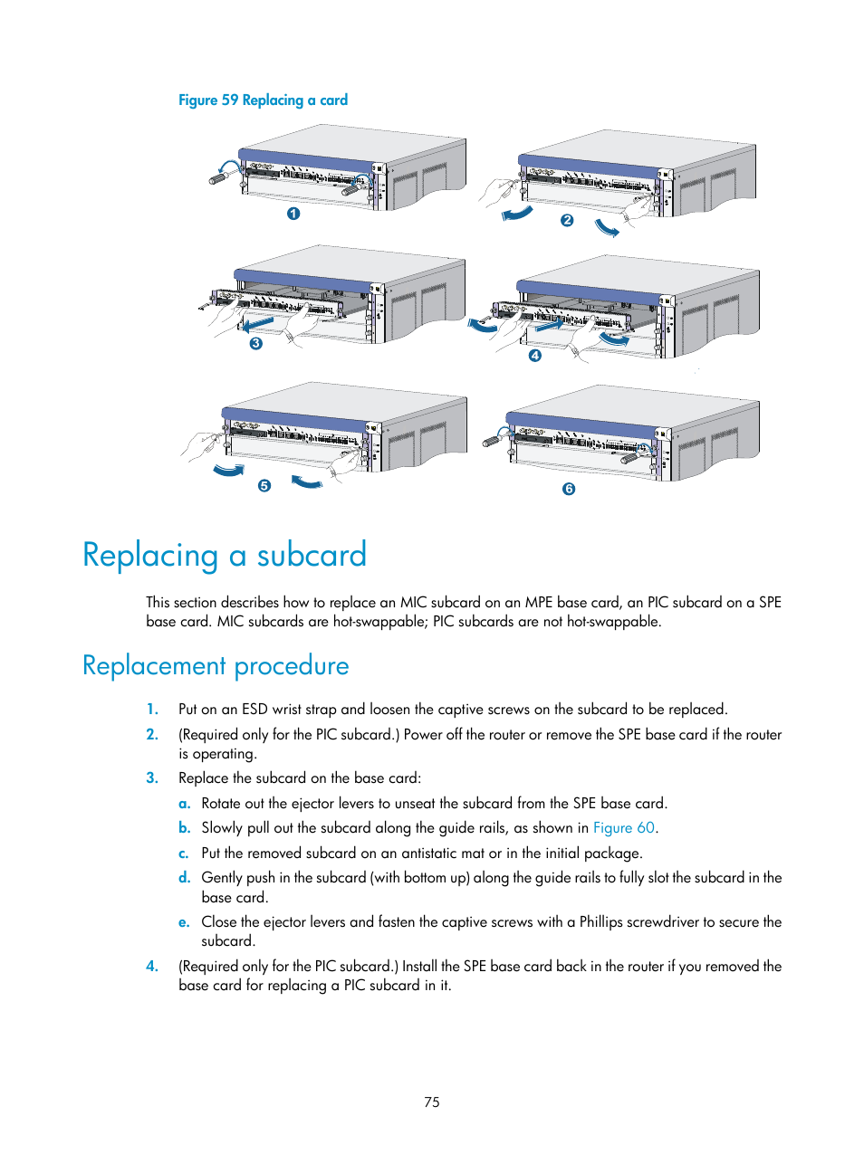 Replacing a subcard, Replacement procedure | H3C Technologies H3C SR8800 User Manual | Page 85 / 135