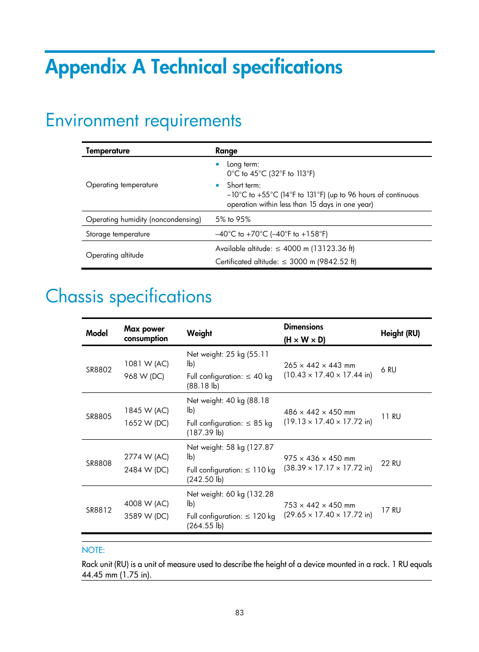Appendix a technical specifications, Environment requirements, Chassis specifications | H3C Technologies H3C SR8800 User Manual | Page 93 / 135