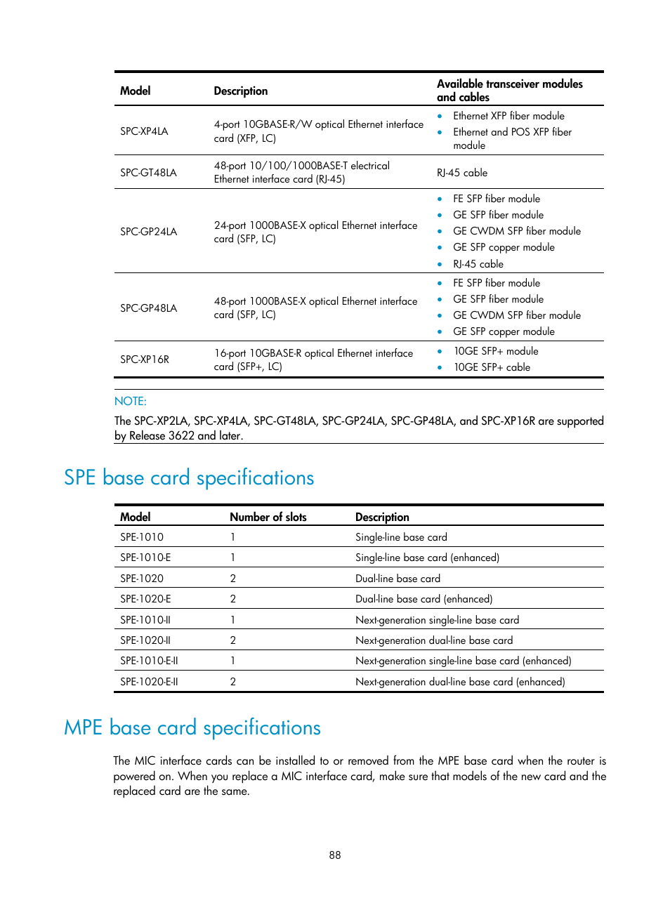 Spe base card specifications, Mpe base card specifications | H3C Technologies H3C SR8800 User Manual | Page 98 / 135