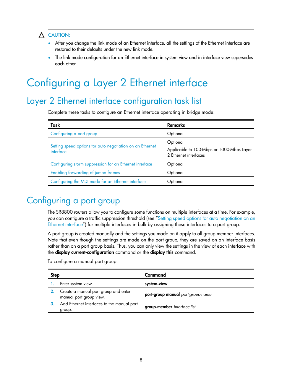 Configuring a layer 2 ethernet interface, Layer 2 ethernet interface configuration task list, Configuring a port group | Configuring, A layer 2 ethernet interface | H3C Technologies H3C SR8800 User Manual | Page 15 / 66