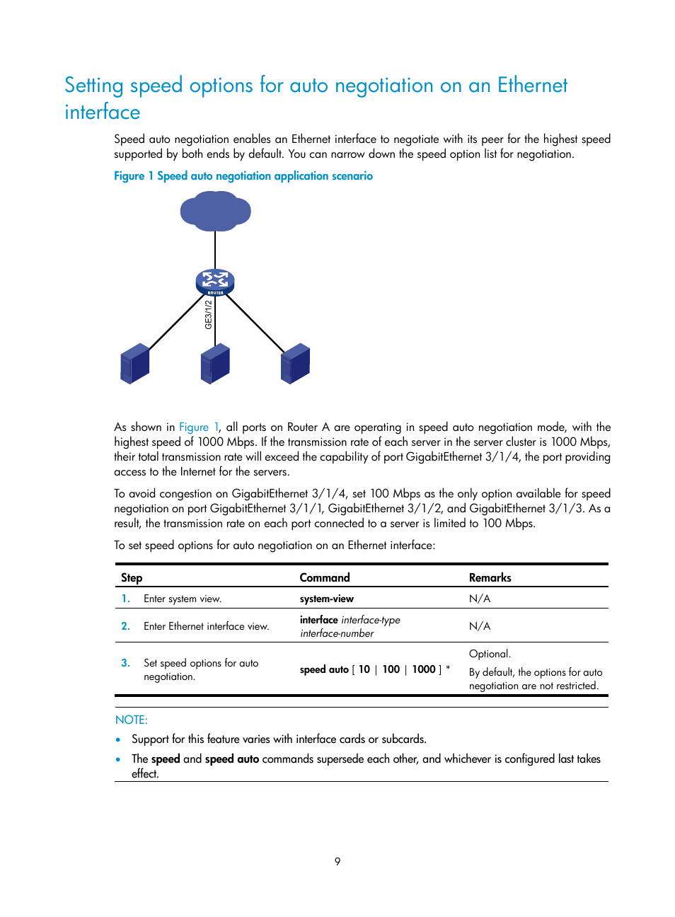 Setting speed options for auto negotiation on an, Ethernet interface | H3C Technologies H3C SR8800 User Manual | Page 16 / 66