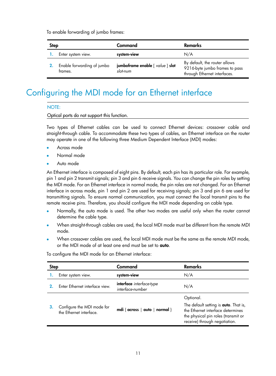 Configuring the mdi mode for an ethernet interface | H3C Technologies H3C SR8800 User Manual | Page 18 / 66