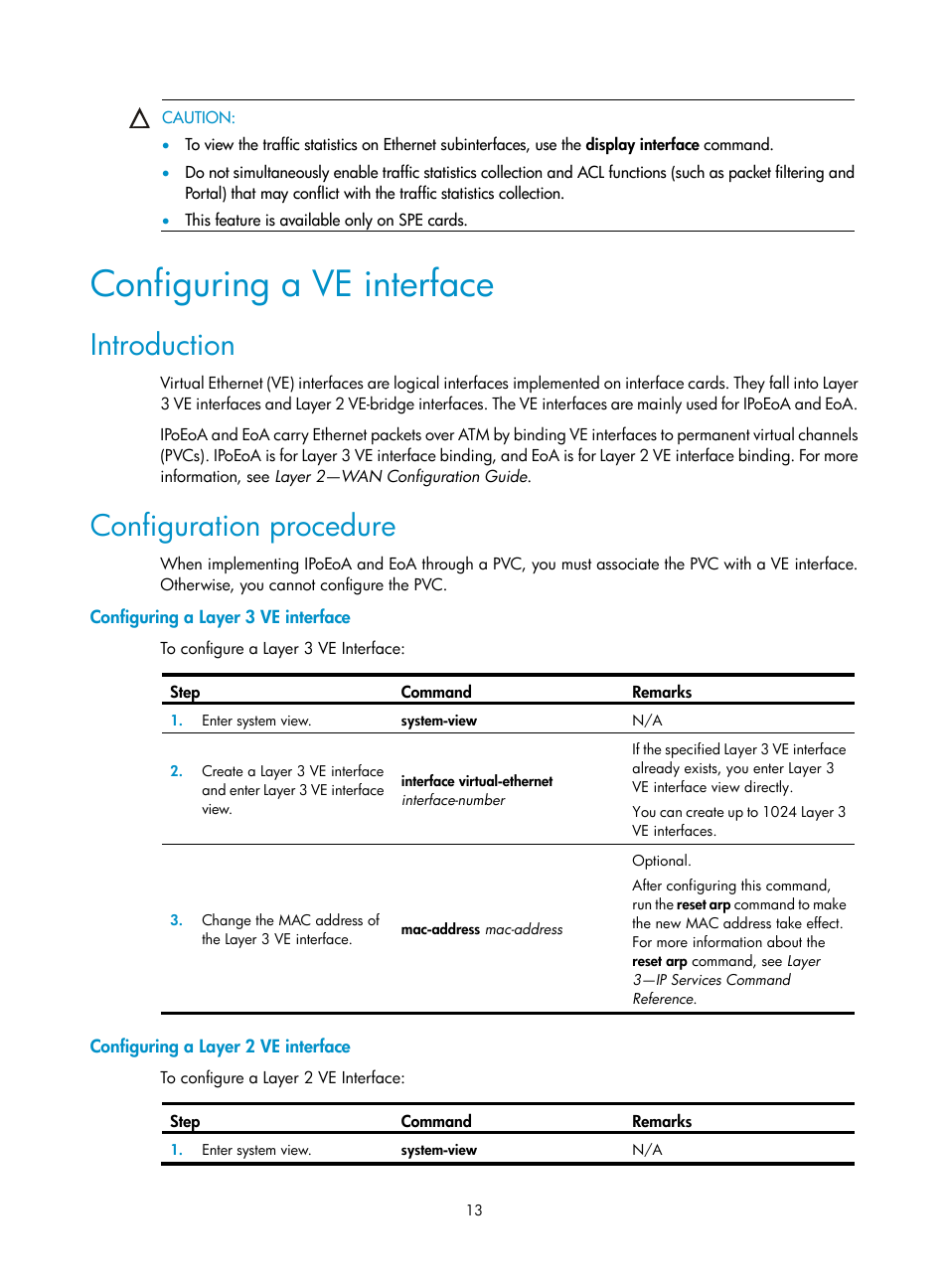 Configuring a ve interface, Introduction, Configuration procedure | Configuring a layer 3 ve interface, Configuring a layer 2 ve interface | H3C Technologies H3C SR8800 User Manual | Page 20 / 66