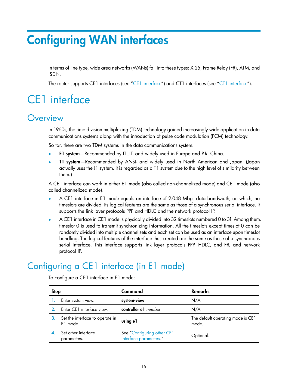 Configuring wan interfaces, Ce1 interface, Overview | Configuring a ce1 interface (in e1 mode) | H3C Technologies H3C SR8800 User Manual | Page 23 / 66