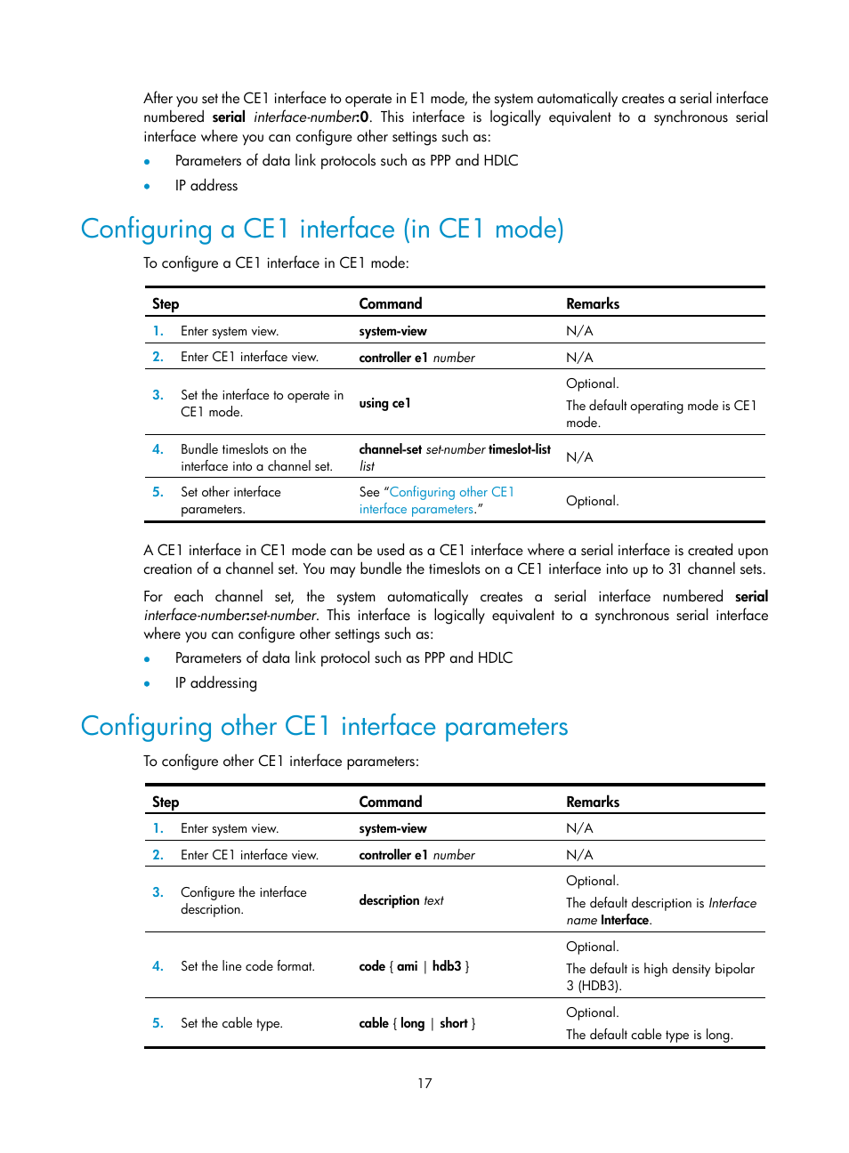 Configuring a ce1 interface (in ce1 mode), Configuring other ce1 interface parameters, Configuring other ce1 | Interface parameters | H3C Technologies H3C SR8800 User Manual | Page 24 / 66