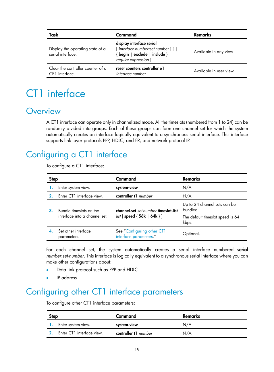 Ct1 interface, Overview, Configuring a ct1 interface | Configuring other ct1 interface parameters | H3C Technologies H3C SR8800 User Manual | Page 26 / 66