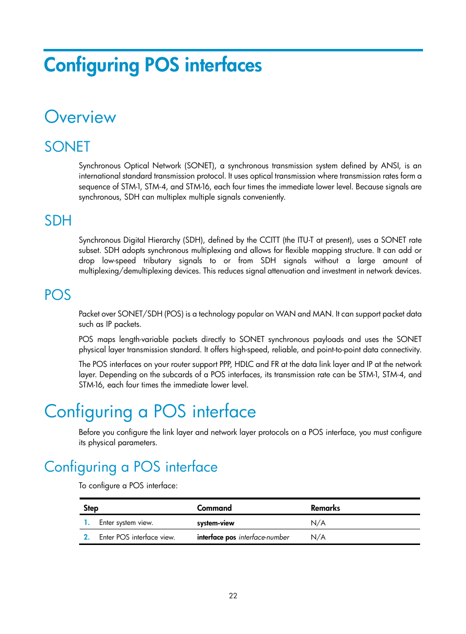 Configuring pos interfaces, Overview, Sonet | Configuring a pos interface | H3C Technologies H3C SR8800 User Manual | Page 29 / 66