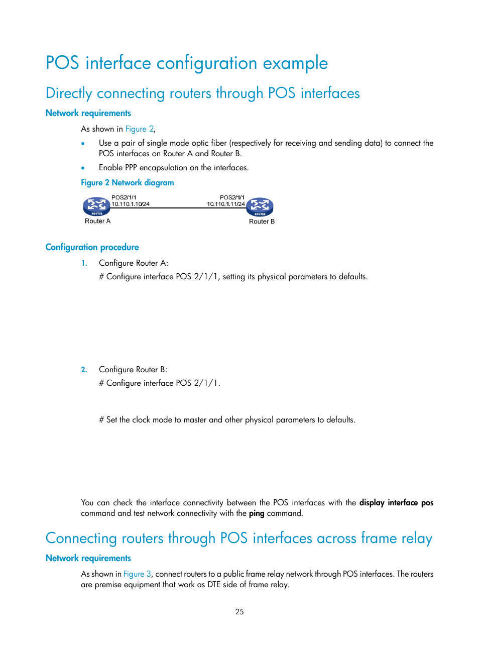 Pos interface configuration example, Directly connecting routers through pos interfaces, Network requirements | Configuration procedure | H3C Technologies H3C SR8800 User Manual | Page 32 / 66