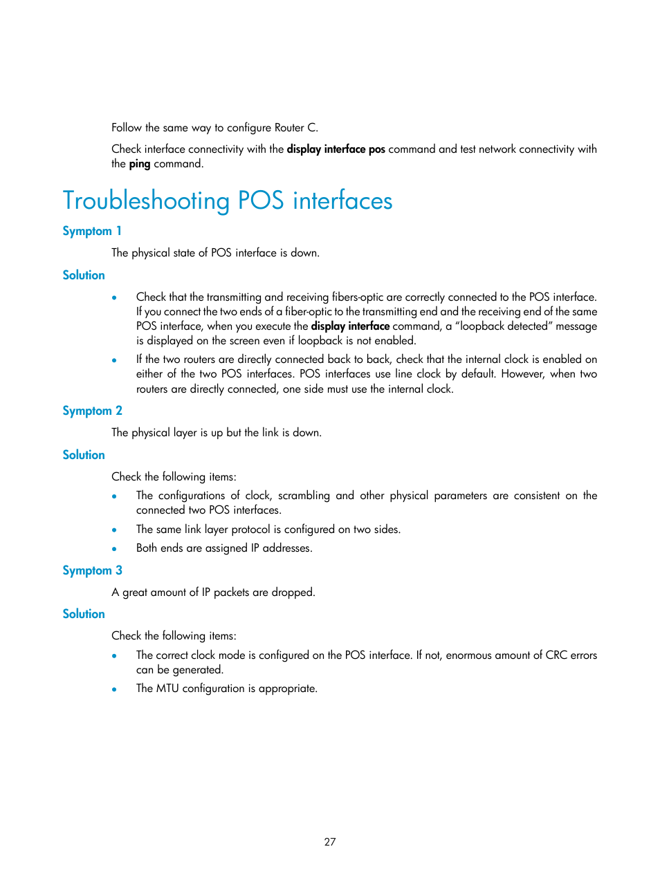 Troubleshooting pos interfaces, Symptom 1, Solution | Symptom 2, Symptom 3 | H3C Technologies H3C SR8800 User Manual | Page 34 / 66