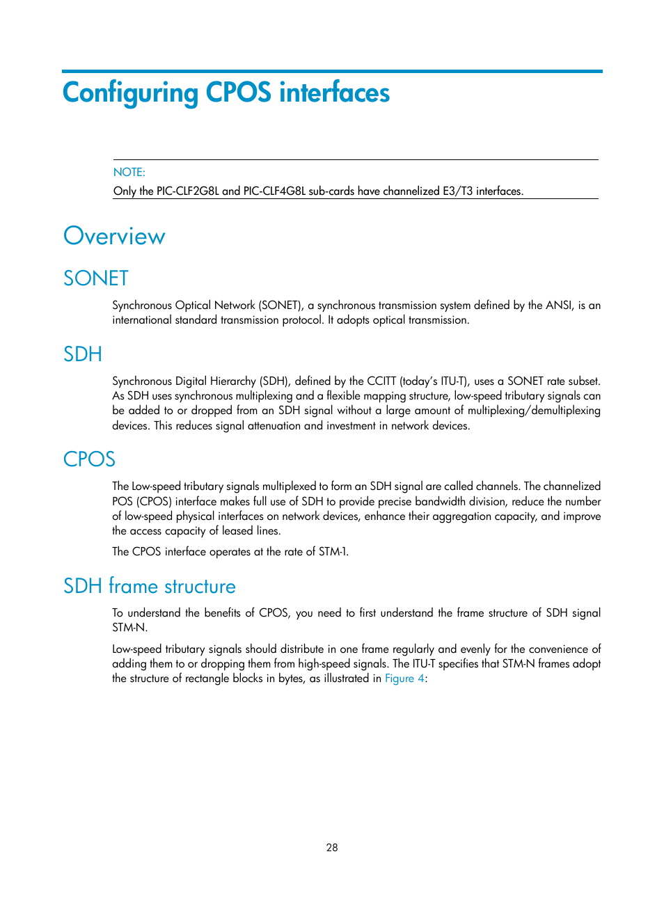 Configuring cpos interfaces, Overview, Sonet | Cpos, Sdh frame structure | H3C Technologies H3C SR8800 User Manual | Page 35 / 66