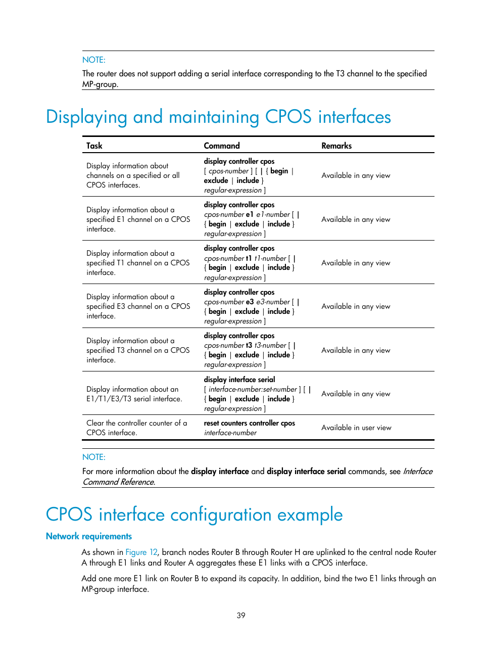 Displaying and maintaining cpos interfaces, Cpos interface configuration example, Network requirements | H3C Technologies H3C SR8800 User Manual | Page 46 / 66
