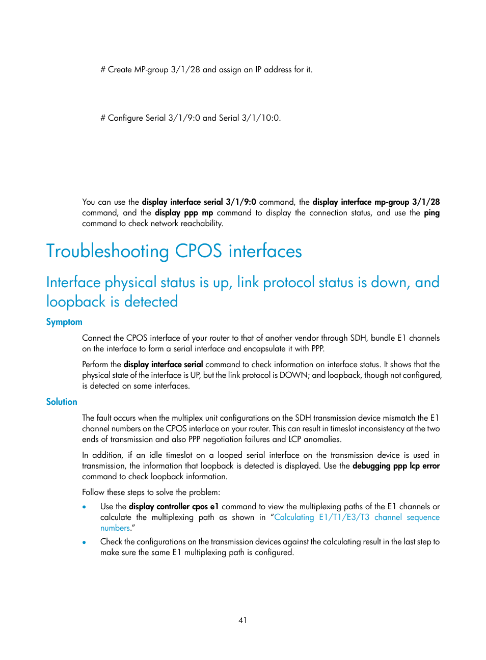 Troubleshooting cpos interfaces, Symptom, Solution | H3C Technologies H3C SR8800 User Manual | Page 48 / 66