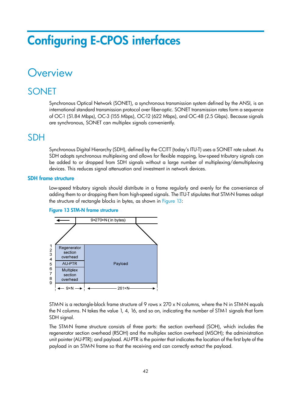 Configuring e-cpos interfaces, Overview, Sonet | Sdh frame structure | H3C Technologies H3C SR8800 User Manual | Page 49 / 66