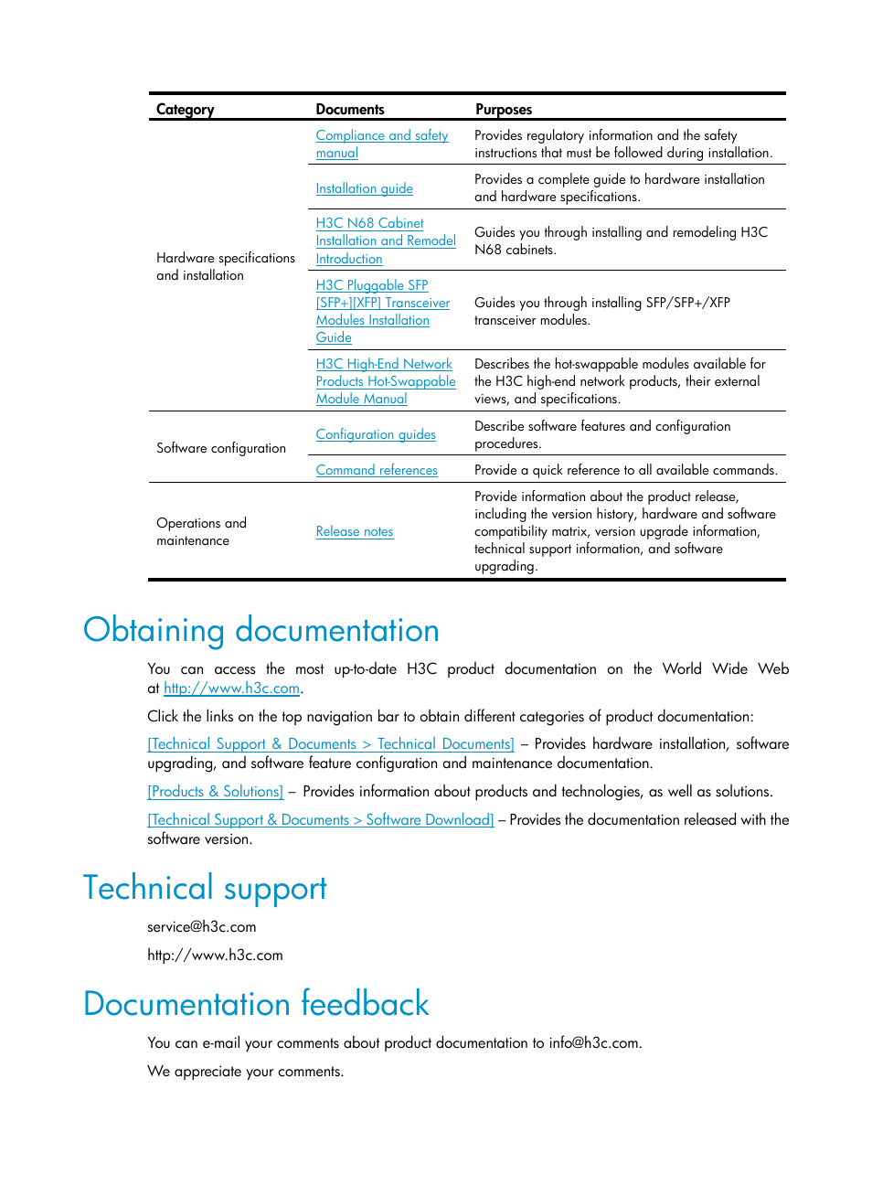 Obtaining documentation, Technical support, Documentation feedback | H3C Technologies H3C SR8800 User Manual | Page 5 / 66