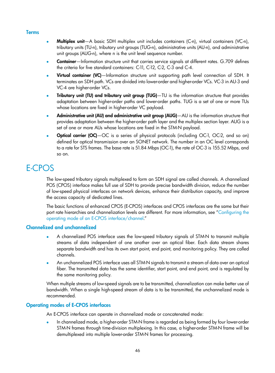 Terms, E-cpos, Channelized and unchannelized | Operating modes of e-cpos interfaces | H3C Technologies H3C SR8800 User Manual | Page 53 / 66