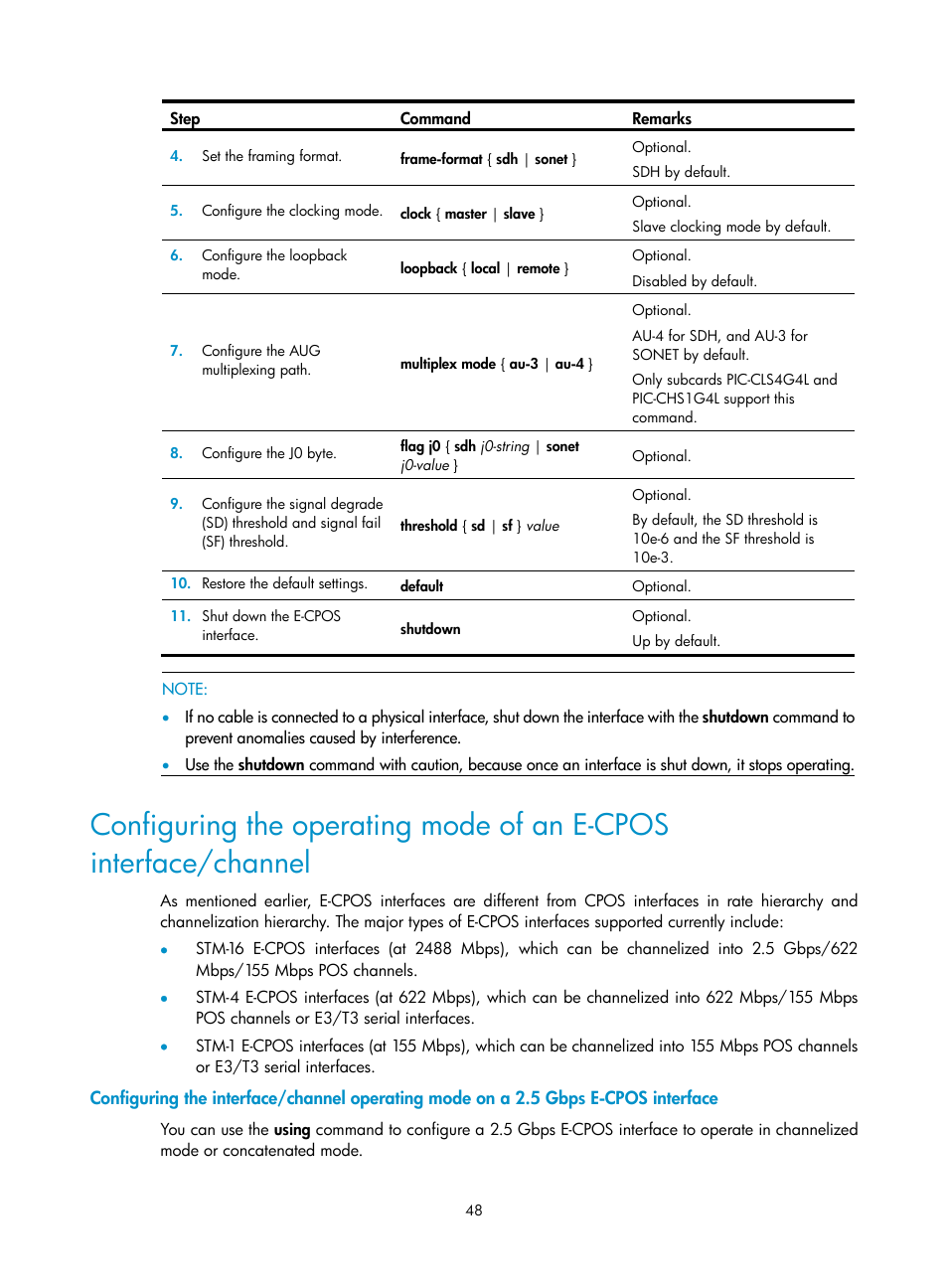 Configuring the, Operating mode of an e-cpos interface/channel | H3C Technologies H3C SR8800 User Manual | Page 55 / 66