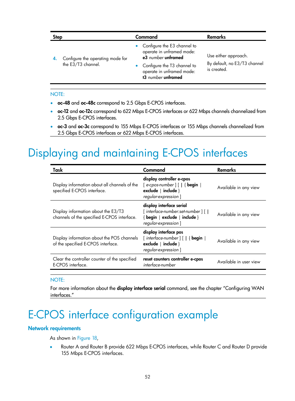 Displaying and maintaining e-cpos interfaces, E-cpos interface configuration example, Network requirements | H3C Technologies H3C SR8800 User Manual | Page 59 / 66