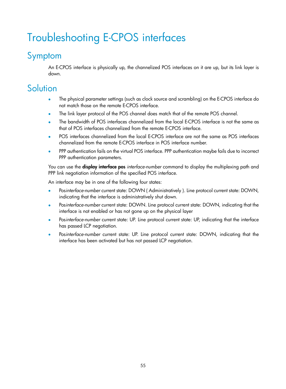 Troubleshooting e-cpos interfaces, Symptom, Solution | H3C Technologies H3C SR8800 User Manual | Page 62 / 66