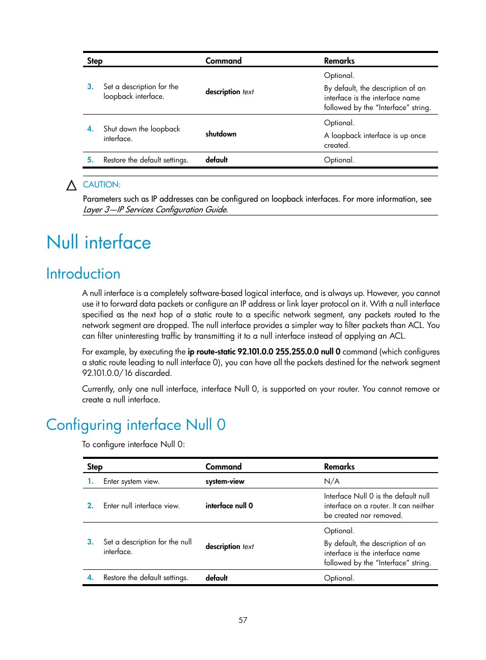 Null interface, Introduction, Configuring interface null 0 | H3C Technologies H3C SR8800 User Manual | Page 64 / 66