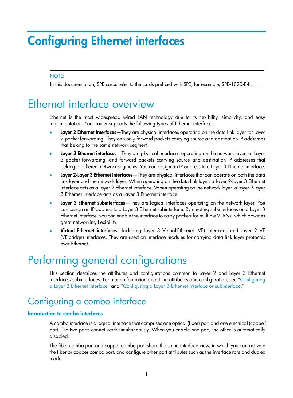 Configuring ethernet interfaces, Ethernet interface overview, Performing general configurations | Configuring a combo interface, Introduction to combo interfaces | H3C Technologies H3C SR8800 User Manual | Page 8 / 66