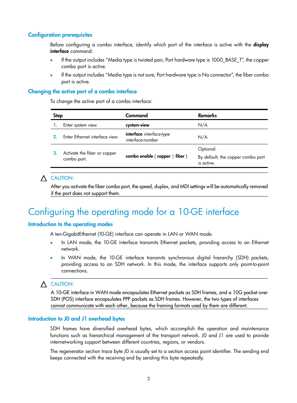 Configuration prerequisites, Changing the active port of a combo interface, Introduction to the operating modes | Introduction to j0 and j1 overhead bytes | H3C Technologies H3C SR8800 User Manual | Page 9 / 66