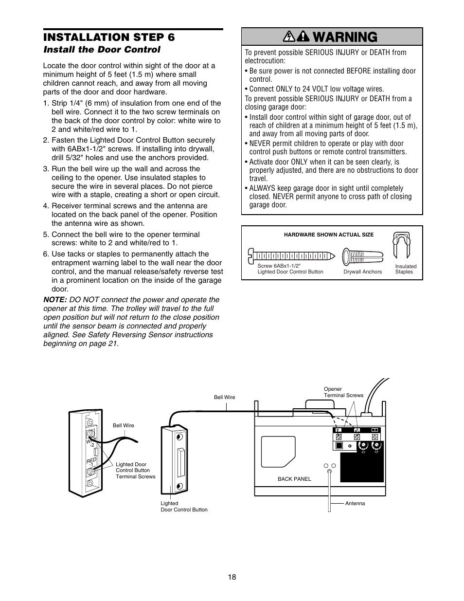 Step 6 install the door control, Warning caution warning warning, Installation step 6 | Install the door control | Chamberlain 1300 User Manual | Page 18 / 40