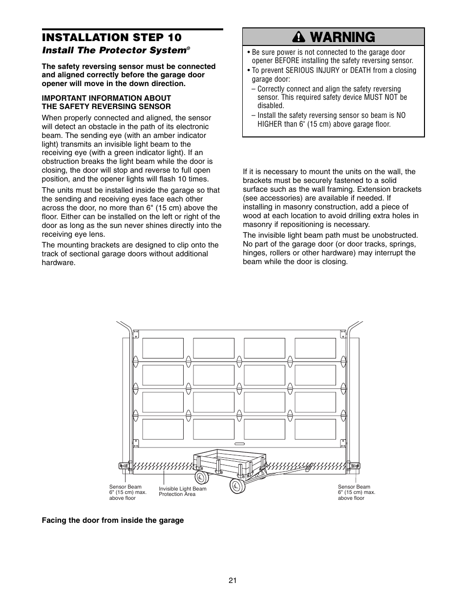 Step 10 install the protector system, Warning caution warning warning, Installation step 10 | Chamberlain 1300 User Manual | Page 21 / 40