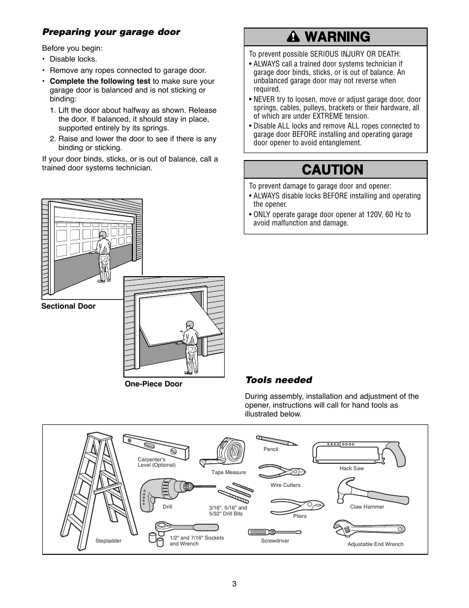Preparing your garage door, Tools needed | Chamberlain 1300 User Manual | Page 3 / 40