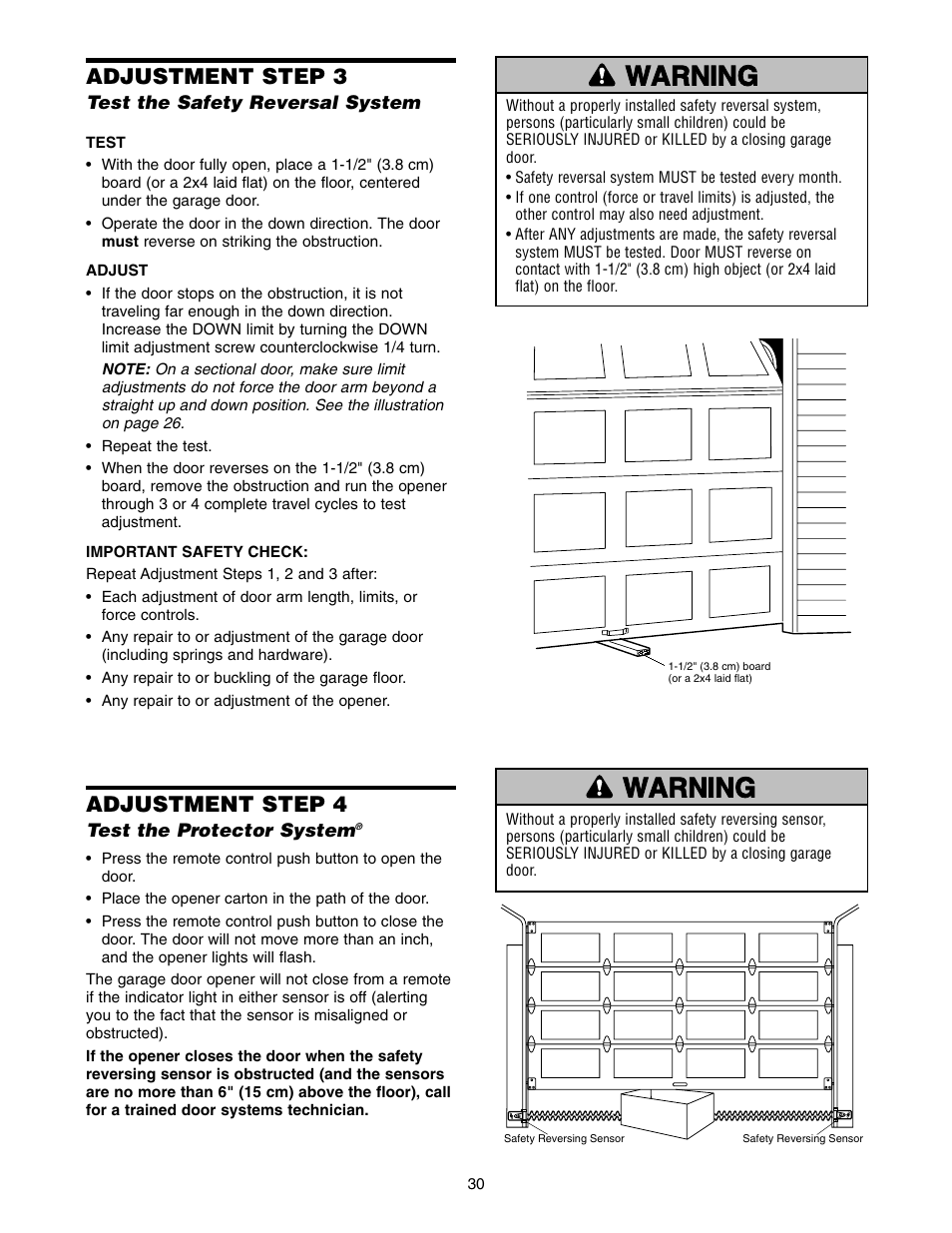 Step 3 test the safety reversal system, Step 4 test the protector system, Adjustment step 3 | Adjustment step 4 | Chamberlain 1300 User Manual | Page 30 / 40