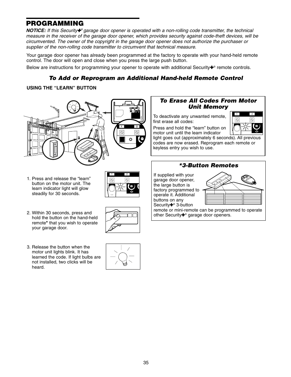 Programming, To erase all codes from motor unit memory, Button remotes | Chamberlain 1300 User Manual | Page 35 / 40