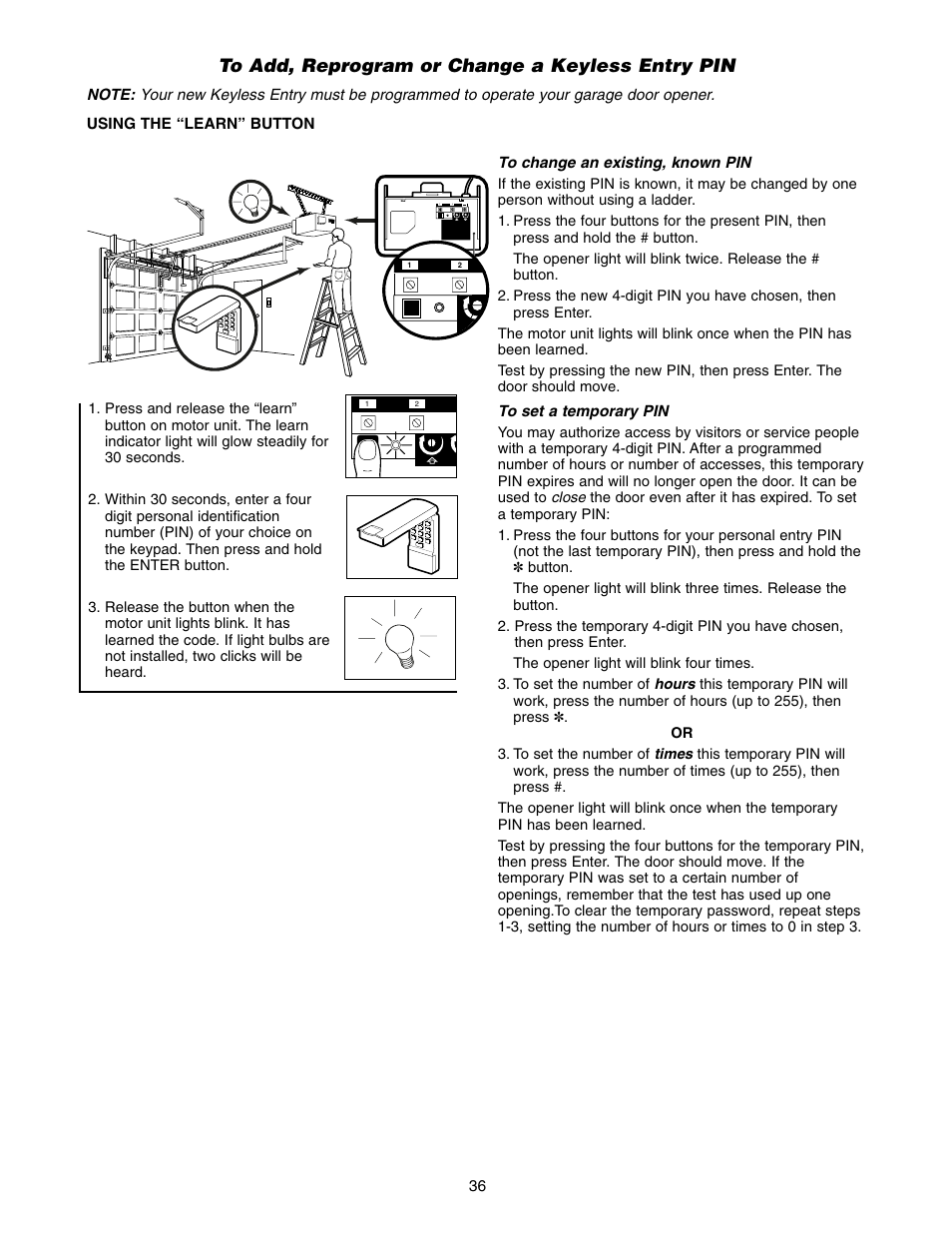 To add, reprogram or change a keyless entry pin | Chamberlain 1300 User Manual | Page 36 / 40