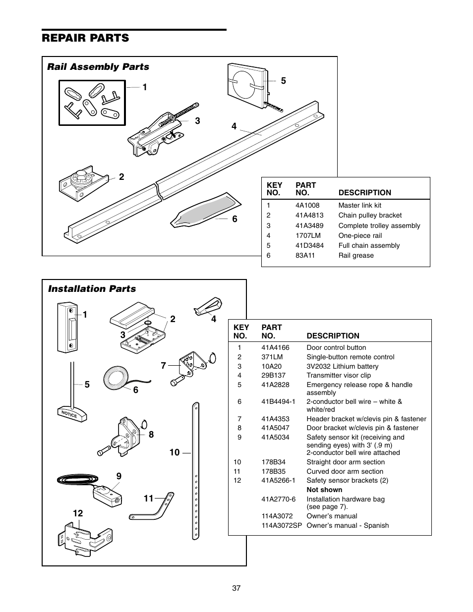 Repair parts, Rail assembly parts, Installation parts | Chamberlain 1300 User Manual | Page 37 / 40