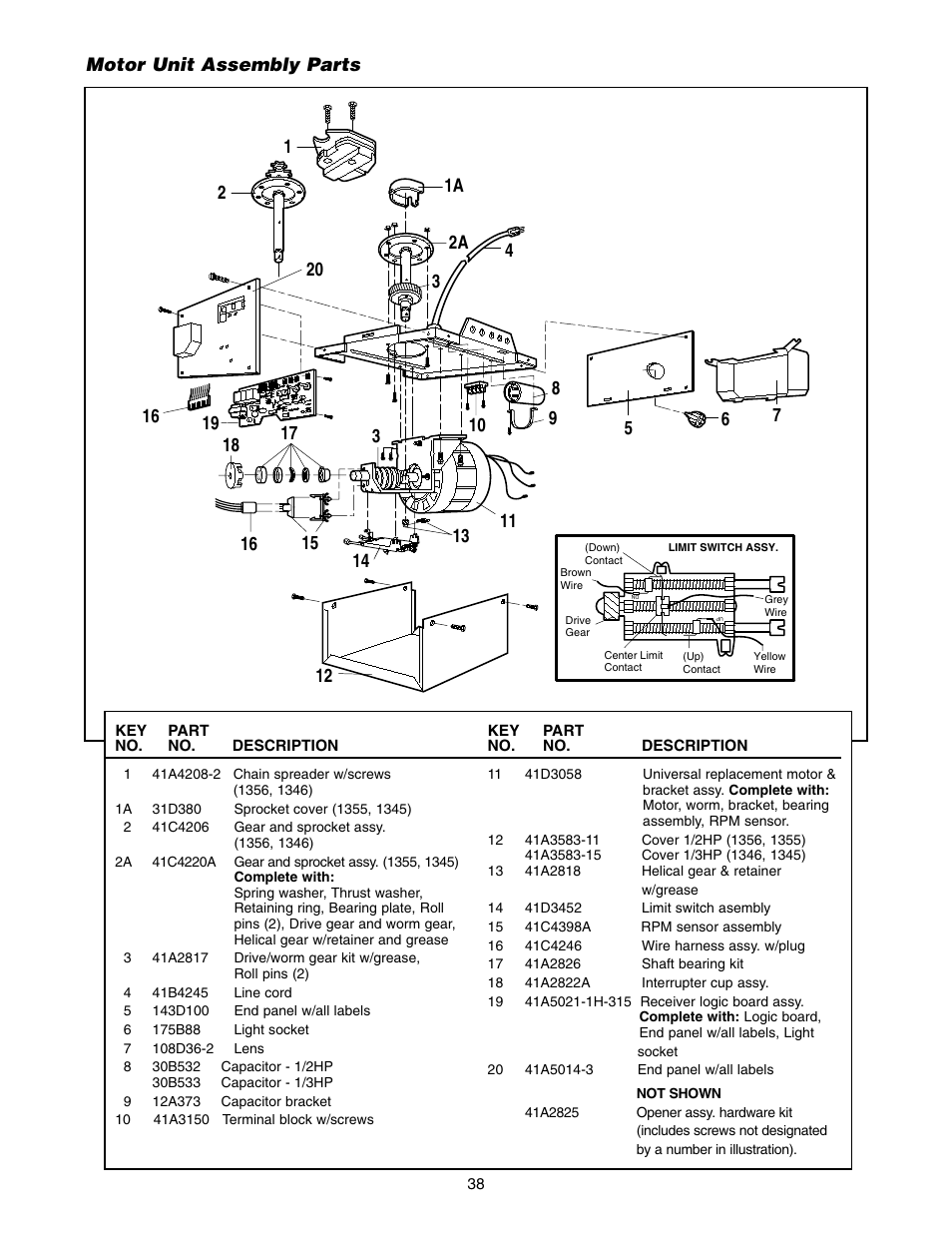 Motor unit assembly parts | Chamberlain 1300 User Manual | Page 38 / 40