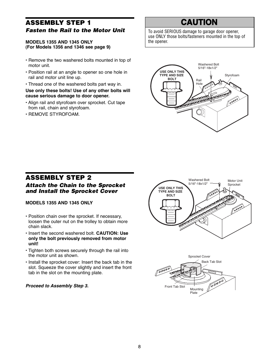 Assembly, Step 1 fasten the rail to the motor unit, Warning caution warning warning | Assembly step 1, Assembly step 2 | Chamberlain 1300 User Manual | Page 8 / 40