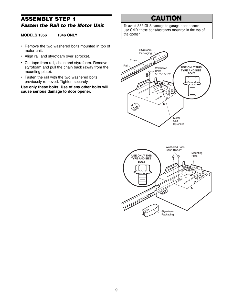 Step 1 fasten the rail to the motor unit, Warning caution warning warning, Assembly step 1 | Chamberlain 1300 User Manual | Page 9 / 40